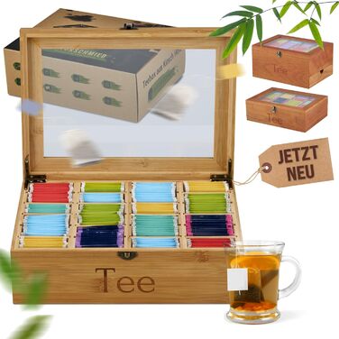 Чайна скринька преміум-класу NATURSCHMIED з вишневого дерева з 20 гнучкими відділеннями та оглядовим віконцем, (22,5 x 31 x 10 см) - посилені петлі міцна застібка - Елегантне сховище для чаю для справжніх любителів чаю (бамбук рівня А)