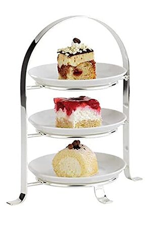 Сервировочная стойка APS высококачественная хромированная металлическая подставка для торта на 3 тарелки с максимальным Ø 27 см - общая высота 43 см (тарелки в комплект не входят) (3 тарелки - Ø 17 см)