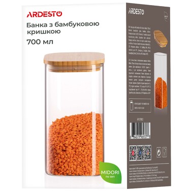 ARDESTO Банка для зберігання Midori, 700мл, скло, бамбук, квадратна, прозорий