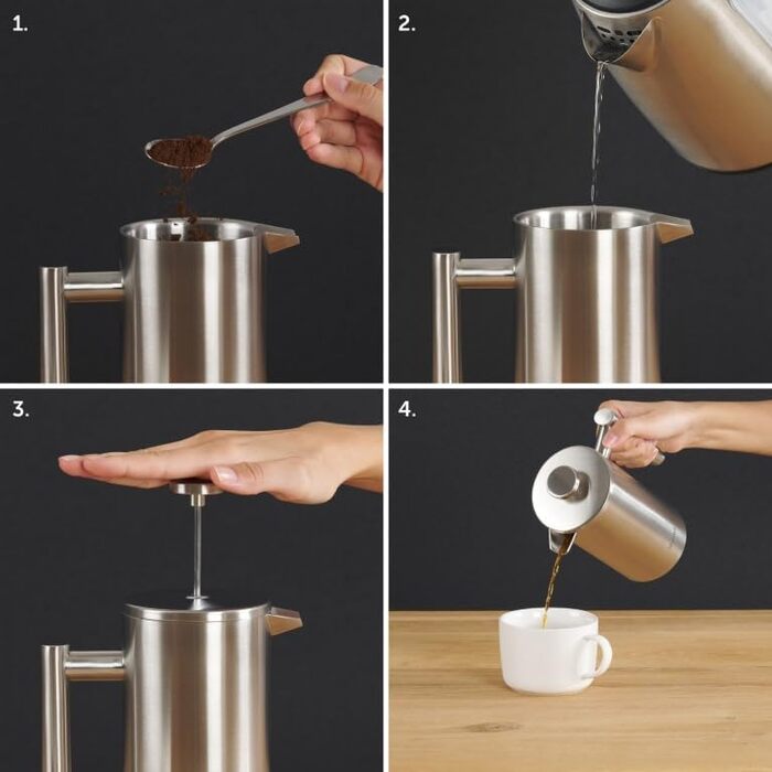 Френч-прес Blumtal з нержавіючої сталі 350 мл (2 чашки) - Двостінна ізольована термокавоварка з мірною шкалою, включаючи змінний фільтр та інструкцію, можна мити в посудомийній машині, доступна в 3 розмірах. Місткість кави 350 мл