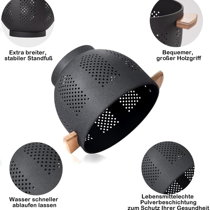 Металеве сито для пасти з дерев&39яною ручкою та стабільною основою, велике кухонне сито 22 см для пасти, овочів та фруктів, міцне кухонне сито (матово-чорне)