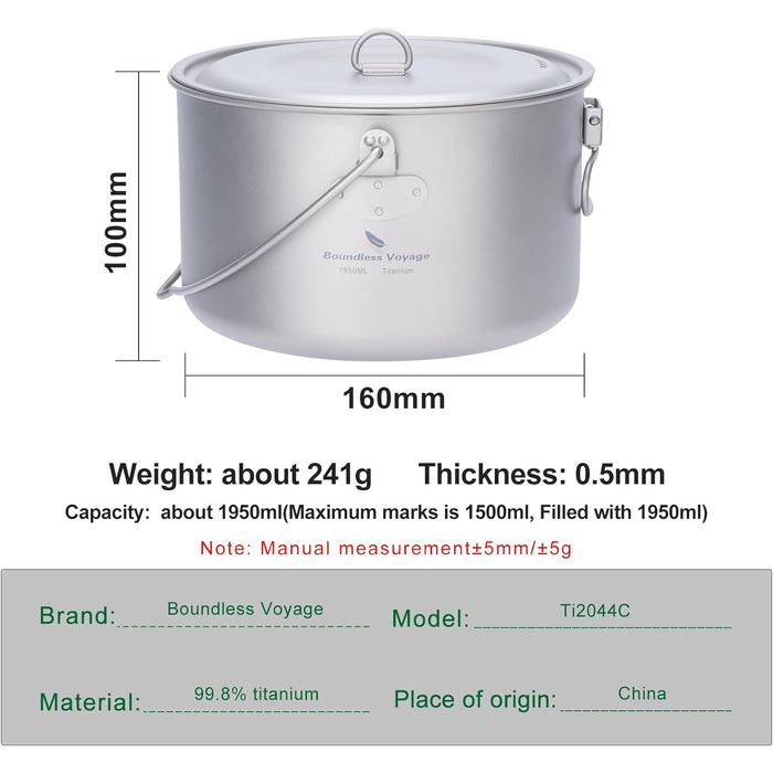 Титановый горшок 1,3 л / 1,95 л / 2,9 л Кемпинг Подвесной горшок Суп Горшок с крышкой Уличная посуда Легкая чаша чайника Походная кухонная утварь Портативная посуда Кухонный набор для приготовления пищи на 1-4 человека (Ti2044C-1950 мл Pot)