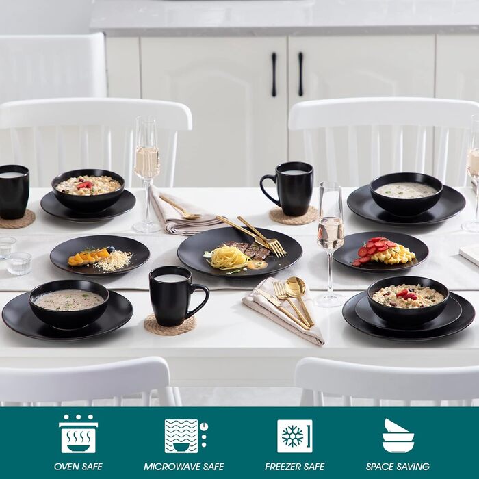Столовый сервиз из керамогранита, набор посуды vancasso MODA, винтажный внешний вид, комбинированный сервиз из 40 предметов с 8 тарелками, тарелками для тортов, суповыми тарелками, мисками и чашками каждая (черный, 16 шт. комбинированный сервиз)
