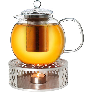Стеклянный чайник Creano 1,3 л, стеклянный чайник из 3 частей со встроенным ситечком из нержавеющей стали и стеклянной крышкой, идеально подходит для приготовления чая наливом, без капель, все в одном (1,3 л подогреватель)