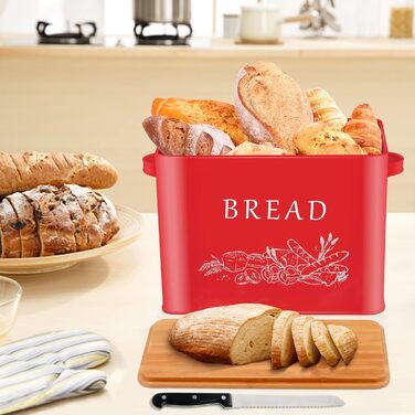 Хлібниця Herogo, металева хлібниця з дерев'яною кришкою для різання хлібної дошки, дуже велика тримач для хліба для великих буханок хліба, компактне відділення для зберігання хліба для кухонної стільниці, 33 x 18 x 24,5 см (червоний)