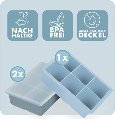 Силіконові формочки для льоду Blumtal, набір з 3 шт. - форма для льоду на 24 кубики з кришкою - силіконова форма для льоду без бісфенолу А - форма для льоду, безпечна для харчових продуктів - сіро-блакитний великі кубики (сіро-блакитний світло-блакитний, 