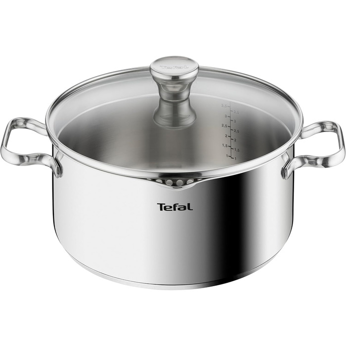 Каструля Tefal Duetto A70542 виготовлена з високоякісної нержавіючої сталі 18/10, з градуйованою кришкою, підходить для всіх типів плит, включаючи індукційні (24 см)