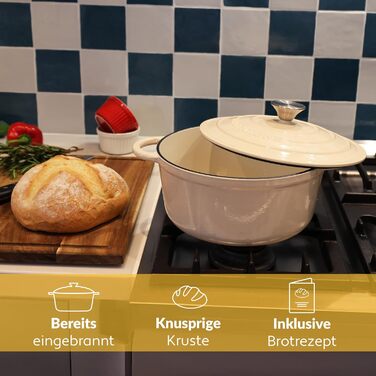 Чавунна каструля Chefarone 24 см, Емальована каструля з кришкою для випікання хліба, тушкування та запікання Хлібна каструля, сумісна з індукцією (вершки, 4,7 л)