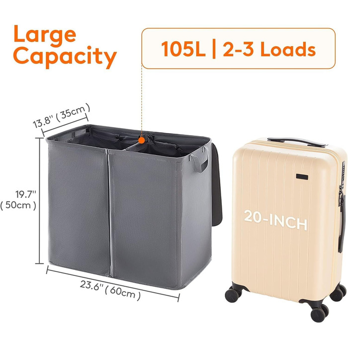 Кошик для білизни Lifewit з кришкою 2 відділення, збірник для білизни з 2 знімними мішками для білизни, складні кошики для білизни Кошики для білизни Коробка для білизни Тканинні кошики для білизни для ванної кімнати Спальня, (105 л, сірий)