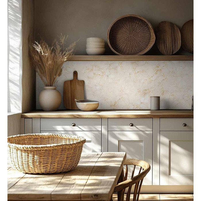 Самоклеючий кухонний фартух - матовий, жорстка плівка-бризкозахисний матеріал як доступна альтернатива склу, легке встановлення та очищення - висота 60 см - Дизайн Кам&39яна стіна чорного кольору 80 x 60 см (Бежевий мармур 02, Ш 340 см x В 60 см, 0,2 мм)