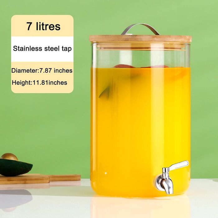 Стеклянный диспенсер для напитков 7 л с бамбуковой крышкой и подставкой Hisredsun