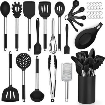 Набір кухонного посуду Herogo з 30 предметів із тримачем, силіконовий набір кухонного посуду з ручкою з нержавіючої сталі, термостійке кухонне приладдя, можна мити в посудомийній машині, чорний