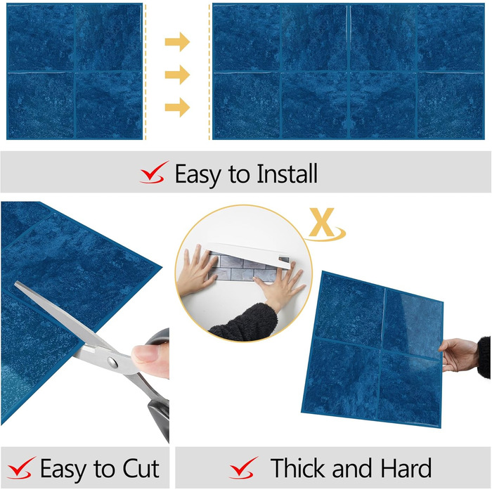 Штук 3D наклейки на плитку для ванної кімнати кухні, самоклеюча вінілова плитка, самоклеюча плівка для плитки, стінові панелі, ПВХ, плитка Metro, самоклеючий декор плитки 30x30, декор настінної плитки (10, 4 смужки темно-синій)