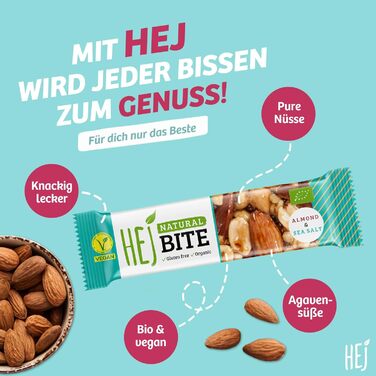 Органічні горіхові батончики HEJ Bite - Низьковуглеводна закуска з горіхами - Веганський енергетичний батончик з мигдалем, фундуком та арахісом - Без глютену - Мигдаль та морська сіль 12 x 40 г Мигдаль та морська сіль 12 шт. (упаковка з 1)