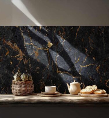 Самоклеючий кухонний фартух - матовий, преміальна бризкозахисна плівка 0,4 мм як доступна альтернатива склу, легке встановлення та очищення - висота 60 см - Дизайн Світло-сірий мармур 180 x 60 см (чорний мармур, Ш 60 см x В 60 см, 0,2 мм)