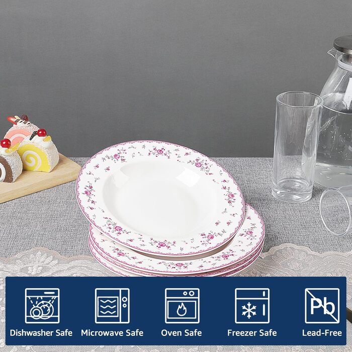 Набір обідніх тарілок fanquare з 4 плоских тарілок з білого порцеляни Ø 275 мм, Royal Vintage, рожеві квіти, для кейтерингу та домашнього використання, обідня тарілка 10,8 дюйма (миска для супу 8,6 дюйма)
