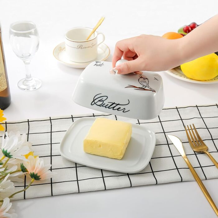 Маслянка з ручкою для 250 г вершкового масла, високоякісна кераміка, білий колір з квітковим та бджолиним візерунком, порцеляна, класична маслянка, маслянка, контейнер для масла, коробка для масла, можна мити в посудомийній машині (типу &quotптах&quot).