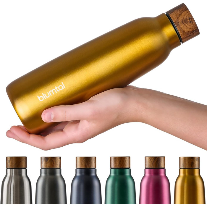 Пляшка для води Blumtal з нержавіючої сталі - Герметична ізольована пляшка - Пляшка для води без бісфенолу А для гарячого та холодного використання - Двостінна ізольована пляшка - Ізоляційна пляшка, стійка до іржі, дерево/срібло (20 - дерево/жовтий, 500 м