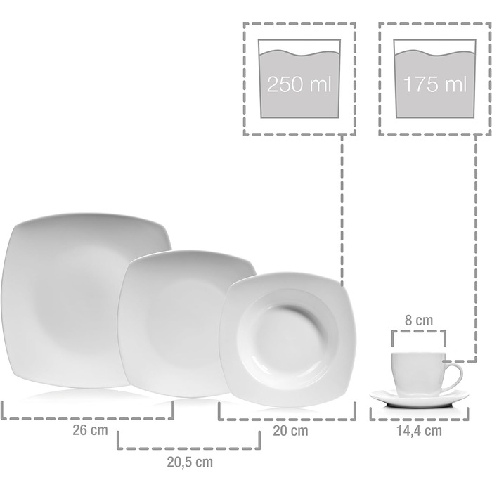 СПІВАЧКА Набір тарілок Striking 18 шт. , Порцеляновий набір посуду 6 персон, Посуд можна мити в посудомийній машині, Посуд з обідніми тарілками та глибокими тарілками, Посуд квадратний білий, Столовий сервіз сучасний (комбінований сервіз 30 шт. )