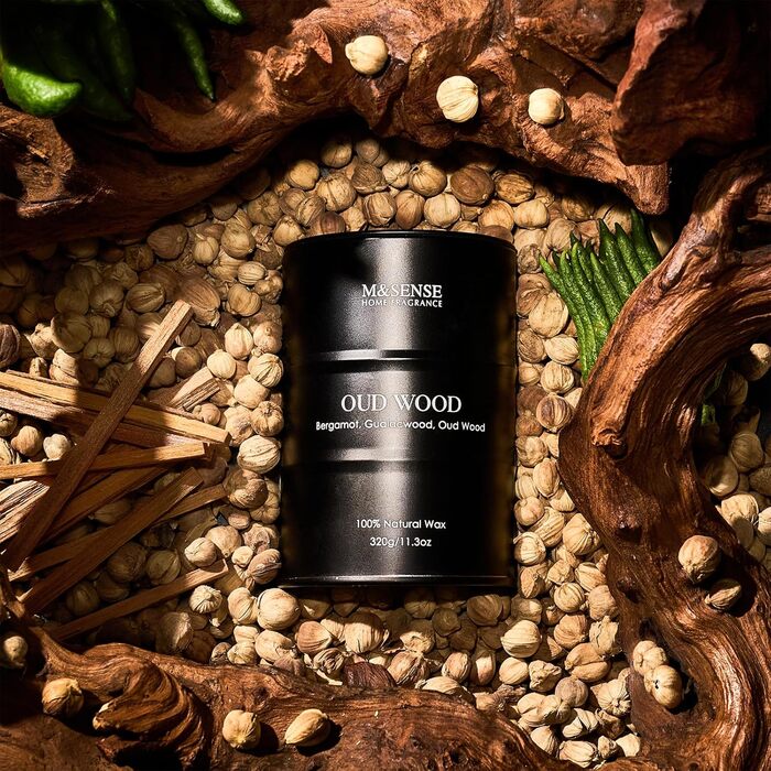 Ароматичні свічки M&SENSE Oud Wood з натурального соєвого воску, 320 г натуральної соєвої свічки для домашнього декору, тривале горіння до 70 годин, класні подарункові свічки для чоловіків і жінок, 320 г Oud Wood