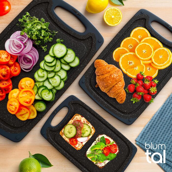 Набір обробних дощок Blumtal 3 розміри (S/M/L) - Велика пластикова обробна дошка з пазами для соку та ручкою - Без бісфенолу А, міцна кухонна обробна дошка, чорна, набір з 3 предметів