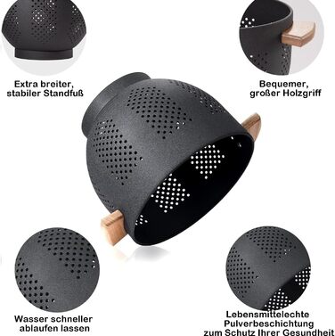 Металеве сито для пасти з дерев&39яною ручкою та стабільною основою, велике кухонне сито 22 см для пасти, овочів та фруктів, міцне кухонне сито (матово-чорне)