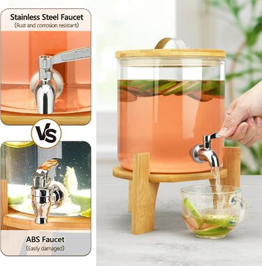 Стеклянный диспенсер для напитков 10 л с бамбуковой крышкой и подставкой Hisredsun