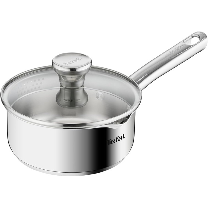Каструля Tefal Duetto A70542 виготовлена з високоякісної нержавіючої сталі 18/10, градуйована, з кришкою, підходить для всіх типів плит, включаючи індукційні (Guisera 16 см)