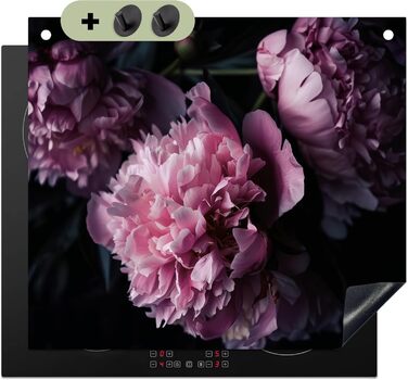 Фартух для плити, кухонний фартух, вініл, 78x52 см, декор для кухні, облицювання стіни, кришка для плити - сіро-чорна (квіти - рожеві, 52Д x 60Ш см)