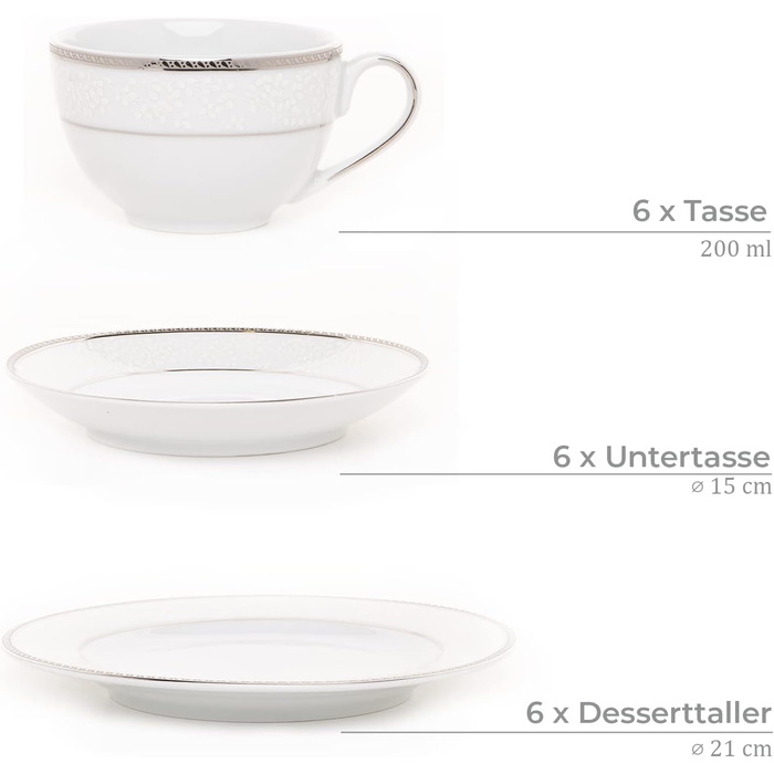 Набір кухлів konsimo 18 предметів - NEW HOLLIS Набір чашок для капучино - Порцеляна - Можна мити в посудомийній машині - 6 персон (платиновий, 18 шт. )