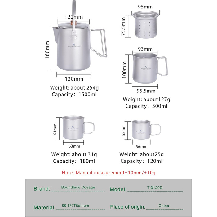 Мл Титановый чайник Кемпинг Кофе Чайник Легкий Бариста Чайник Кофемашина На открытом воздухе Путешествия Пикник Походы Сад Костер Плита Плита Плита Быстрозаваривающий чайник Ti3128D (Ti3128d 1,5 л Чайник и 500 мл Чайник и 120 мл и 180 мл Набор чашек), 150