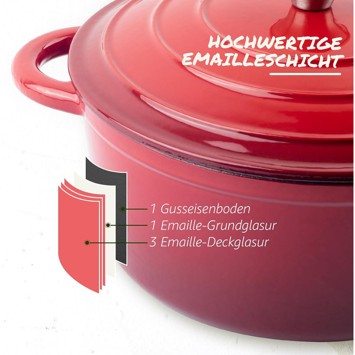 Чавунна форма для запікання Overmont Enamel - 26 см, придатна для використання в духовці, з кришкою та кулінарною книгою - для випікання, тушкування, запікання, білого кремового кольору (26 см-5,2 л, червоного кольору)