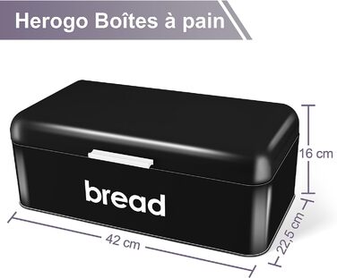 Хлібниця Herogo, Чорна хлібниця з відкидною кришкою, вінтажна металева коробка для зберігання Контейнер для хліба, тостів, печива, великої місткості та сучасного дизайну (42 x 22,5 x 16 см)