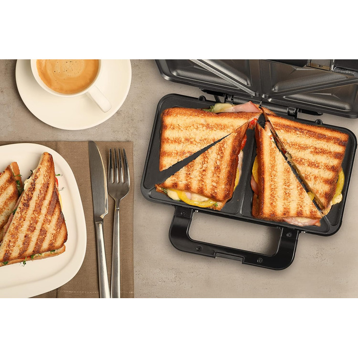 Бутербродниця Bestron XL, тостер для сендвічів з антипригарним покриттям на 2 сендвічі, в т.ч. автоматичний контроль температури та індикатор готовності, 900 Вт, колір чорний/ (чорний)