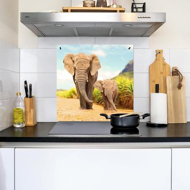 Фартух для плити, кухонний фартух, вініл, 78x52 см, декор для кухні, облицювання стіни, кришка для плити - сіро-чорна (слони - тварини, 78Д x 78Ш см)