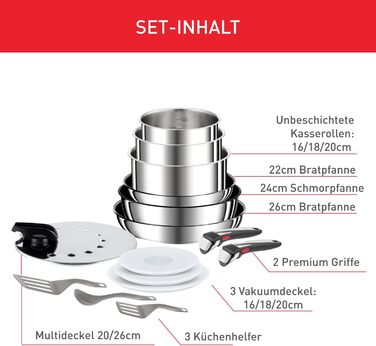 Набір посуду для індукційного приготування Tefal Ingenio Preference On з 15 предметів зі знімною ручкою, що штабелюється, економить місце, з антипригарним покриттям, простий у використанні та чищенні, L97495 Набір посуду для каструль та сковорідок з 15 пр