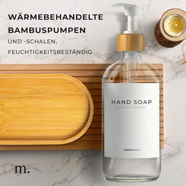 Диспенсер для мила 500 мл, набір 2 предмети на бамбуковій підставці, прозоре скло MaisoNovo