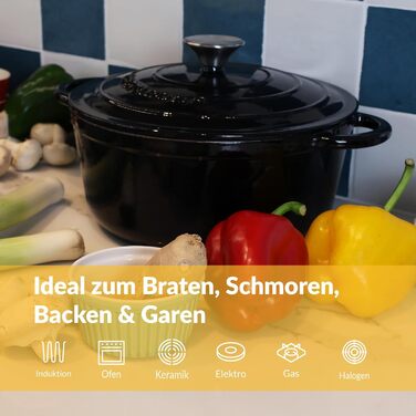 Чавунна каструля Chefarone 24 см, Емальована каструля з кришкою для випікання хліба, тушкування та запікання Хлібна каструля, сумісна з індукцією (чорна, 4,7 л)