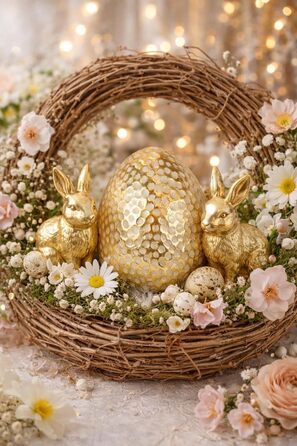 Декоративне пасхальне яйце, Прикраса столу, Прикраса саду, Пасхальна прикраса, Пасхальна фігурка, Весняна прикраса, Пасхальне яйце, Яйця, Пасхальна прикраса, Прикраса для вінків, Пасхальні вінки, Квіти, Весняна прикраса, Золото, Набір з 2 шт.