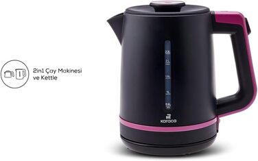 Чайник Karaca Maxi Tea XL 2-в-1 зі скляним чайником та заварником, чайник 1,25 л, резервуар для води 2,3 л, 1700 Вт, основа, що обертається на 360, скляне ситечко для чаю, функція автоматичного підігріву (малина)