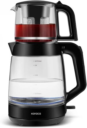 Чайник-чайник Karaca Glass Tea XL 2-в-1, колір сірий космос, скляний чайник обємом 0,9 л, скляний чайник обємом 2,2 л, основа, що обертається на 360, функція автоматичного підігріву, без BPA, потужність 1900 Вт (чорний)