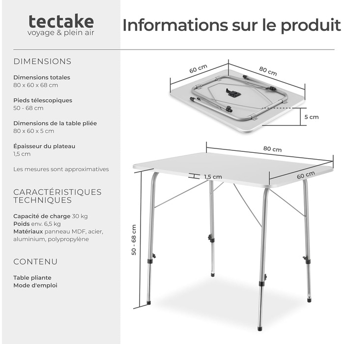 Кемпинговый стол 80 х 60 х 68 см tectake