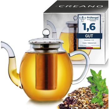 Чайник из Creano glass с крышкой для чая 500 мл из чайных цветов, чайных роз и листового чая, а также чайных пакетиков качественный, термостойкий (1 л)