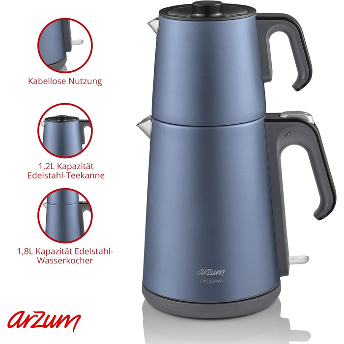 Електричний турецький чайник, 2200 Вт, чайник 3,5 л, скляний чайник 1,2 л, нержавіюча сталь, інтелектуальний контроль температури, захист від кипіння (39 см x 25 см x 20 см, колір Ocean Blue)