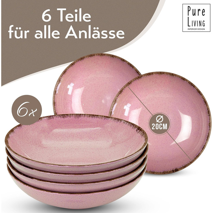 Набор посуды из керамогранита на 6 персон рустик 24 предм. - Набор посуды в деревенском стиле, можно мыть в посудомоечной машине - Набор мисок и тарелок - Посуда Pure Living (глубокие тарелки (6x), розовые)