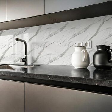 Стінові панелі IZODEKOR під мармур 60x120 см Панель для кухонного фартуха ПВХ-облицювання стін для кухні, ванної кімнати Бризкозахисний екран для кухні Водонепроникний та термостійкий ( панель, новий колір Ice Berg Grey)