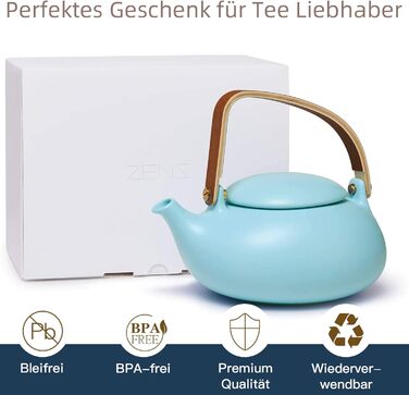Японський чайник ZENS з ситечком, Сучасний матовий білий керамічний чайний набір 800 мл з 4 чашками і підставкою з ротанга, Набір для заварювання чаю з конопляної мотузки, подарунок для любителів чаю (04 світло-блакитний чайник)