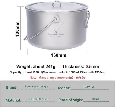 Титановый горшок 1,3 л / 1,95 л / 2,9 л Кемпинг Подвесной горшок Суп Горшок с крышкой Уличная посуда Легкая чаша чайника Походная кухонная утварь Портативная посуда Кухонный набор для приготовления пищи на 1-4 человека (Ti2044C-1950 мл Pot)