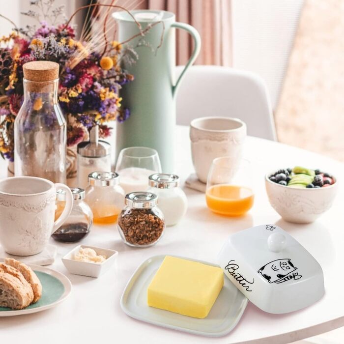 Маслянка з ручкою для 250 г вершкового масла, високоякісна кераміка, білий колір з квітковим та бджолиним візерунком, порцеляна, класична маслянка, дзвіночок для масла, маслянка, контейнер для масла, коробка для масла, можна мити в посудомийній машині (ка