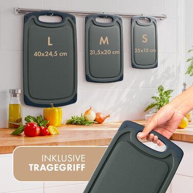 Набір обробних дощок Blumtal 3 розміри (S/M/L) - Велика пластикова обробна дошка з пазами для соку та ручкою - Міцна кухонна обробна дошка без BPA (сіра, комплект з 3 предметів)